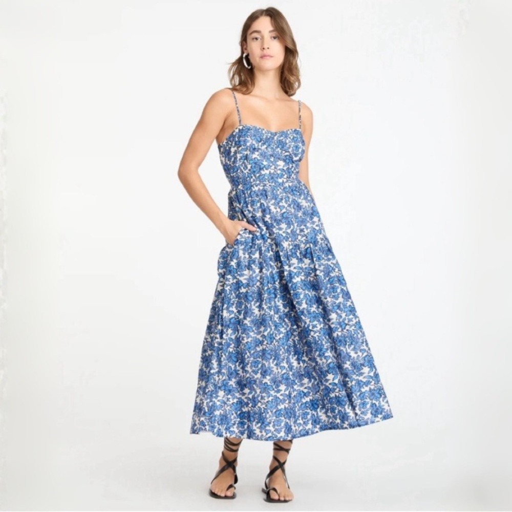Tanya Taylor Blue White Ikat Floral Cotton Tiered Midi Dress Sz 2 Sweetheart